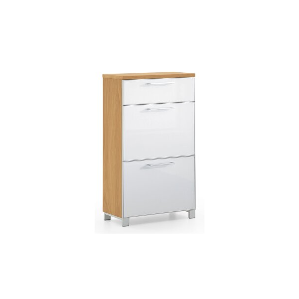 VOSS MÖBEL Schuhschrank Santina als Dielenmöbel Eiche Bianco & weißes Glas – eine Schublade, zwei Klappen