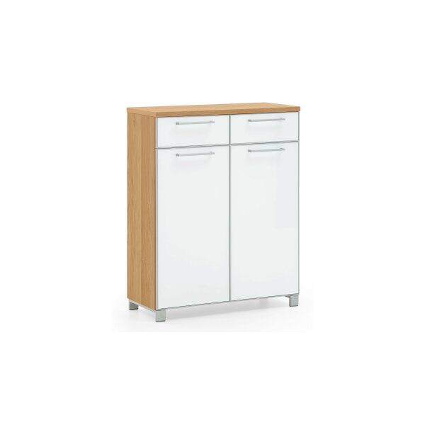 VOSS MÖBEL Schuhschrank Santina als Dielenmöbel Eiche Bianco & weißes Glas – zwei Schubladen, zwei Türen