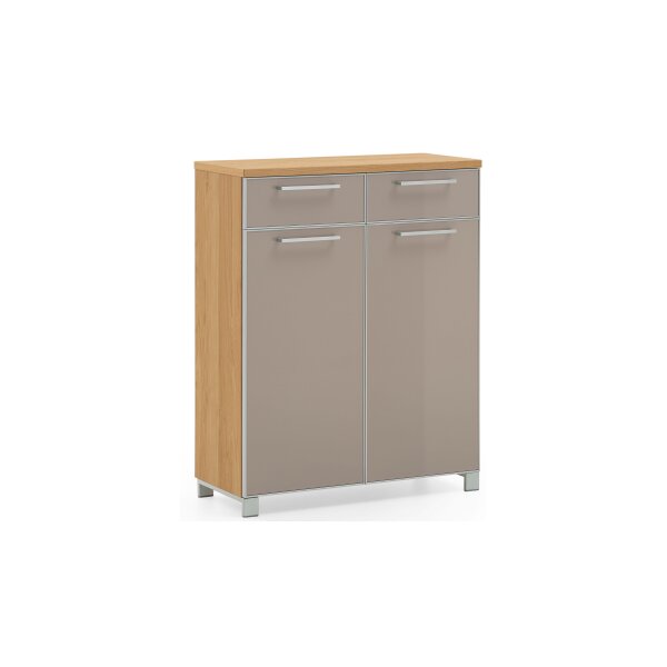 VOSS MÖBEL Schuhschrank Santina als Dielenmöbel Eiche Bianco & taupefarbenes Glas – zwei Schubladen, zwei Türen