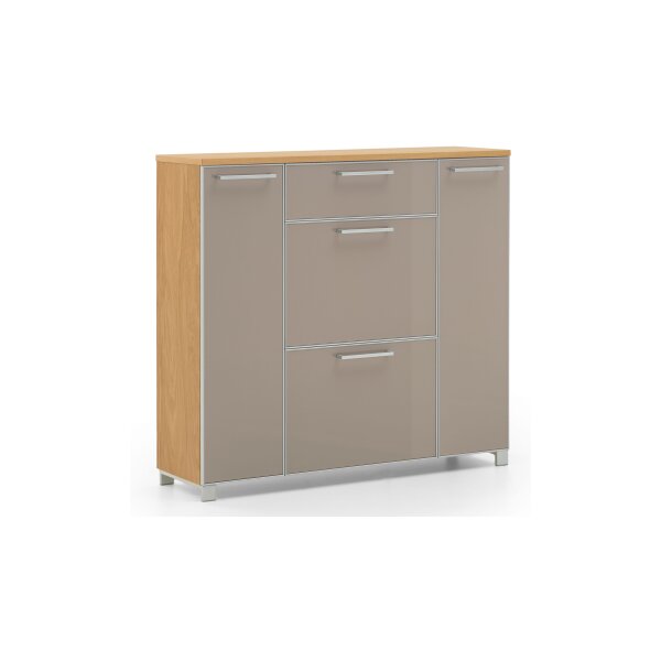 VOSS MÖBEL Schuhschrank Santina als Dielenmöbel Eiche Bianco & taupefarbenes Glas – eine Schublade, vier Türen
