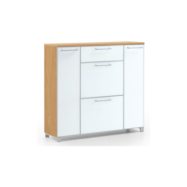 VOSS MÖBEL Schuhschrank Santina als Dielenmöbel Eiche Bianco & weißes Glas – eine Schublade, vier Türen