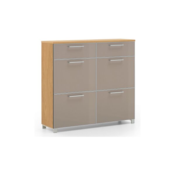 VOSS MÖBEL Schuhschrank Santina als Dielenmöbel Eiche Bianco & taupefarbenes Glas – zwei Schubladen, vier Klappen