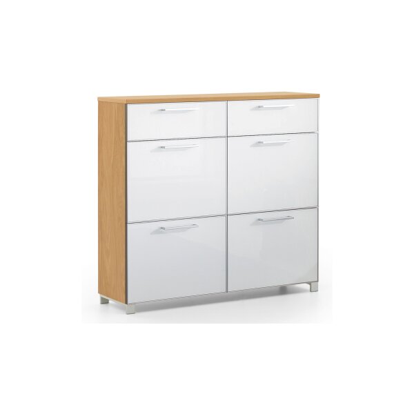 VOSS MÖBEL Schuhschrank Santina als Dielenmöbel Eiche Bianco & taupefarbenes Glas – zwei Schubladen, vier Klappen