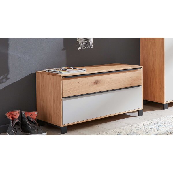 Interliving Garderoben Serie 6005 – Garderobenbank Eiche & lichtgrauer Lack – zwei Schubladen