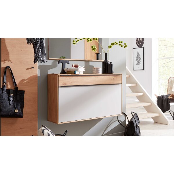 Interliving Garderoben Serie 6005 – Hänge-Schuhschrank Eiche & lichtgrauer Lack – eine Schublade, eine Klappe