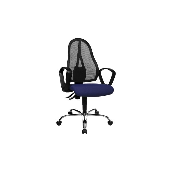 Drehstuhl orthoSedis 20 als ergonomisches Büromöbel blauer Sitzbezug G26 & schwarze Netzbespannung, verchromtes Drehkreuz
