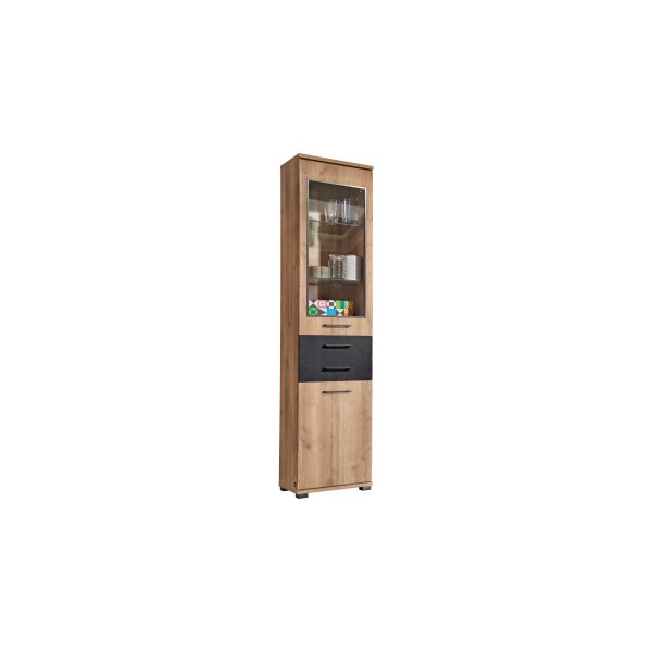 Interliving Jugendzimmer Serie 1701 - Vitrine Riss-Eiche & Schiefer anthrazit - eine Tür, zwei Schubladen