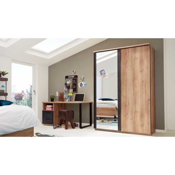 Interliving Jugendzimmer Serie 1701 - Schwebetürenschrank Riss-Eiche & Schiefer anthrazit - zwei Türen, Breite ca. 144 cm