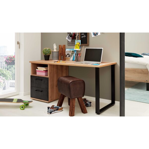 Interliving Jugendzimmer Serie 1701 - Schreibtisch Riss-Eiche & Schiefer anthrazit - ca. 150 x 65 cm