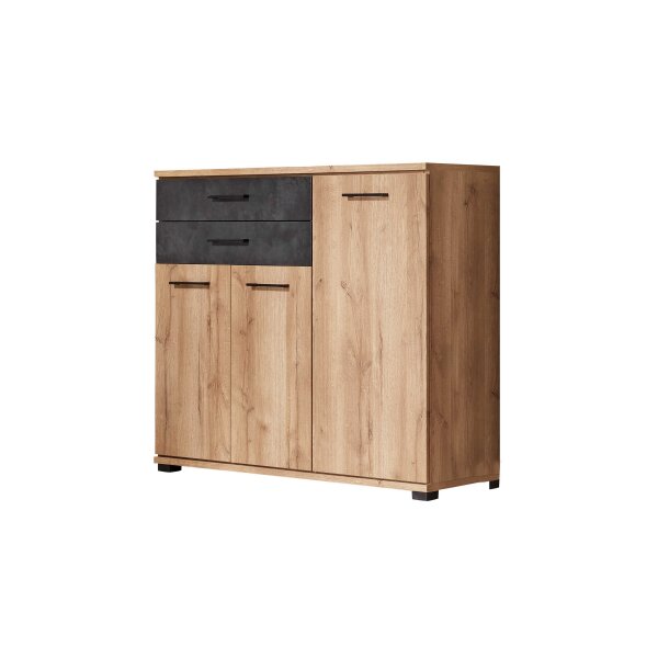 Interliving Jugendzimmer Serie 1701 - Highboard Riss-Eiche & Schiefer anthrazit - drei Türen, zwei Schubladen
