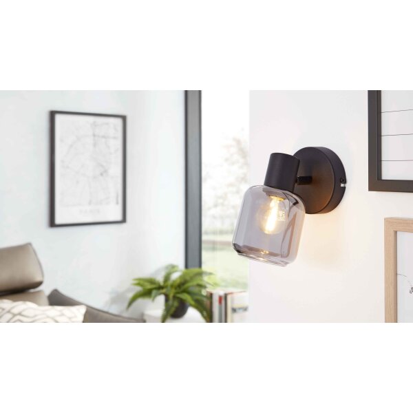 Interliving Leuchten Serie 9341 - Wandleuchte Rauchglas & Mattschwarz – Durchmesser ca. 10 cm