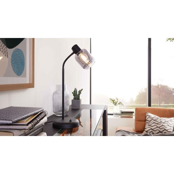 Interliving Leuchten Serie 9341 - Tischleuchte Rauchglas & Mattschwarz – Höhe ca. 43 cm