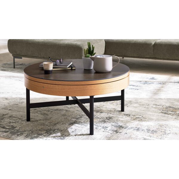 Interliving Couchtisch Serie 6216 - Couchtisch titanfarbene Keramik, Eichefurnier & schwarzer Stahl - Durchmesser ca. 85 cm