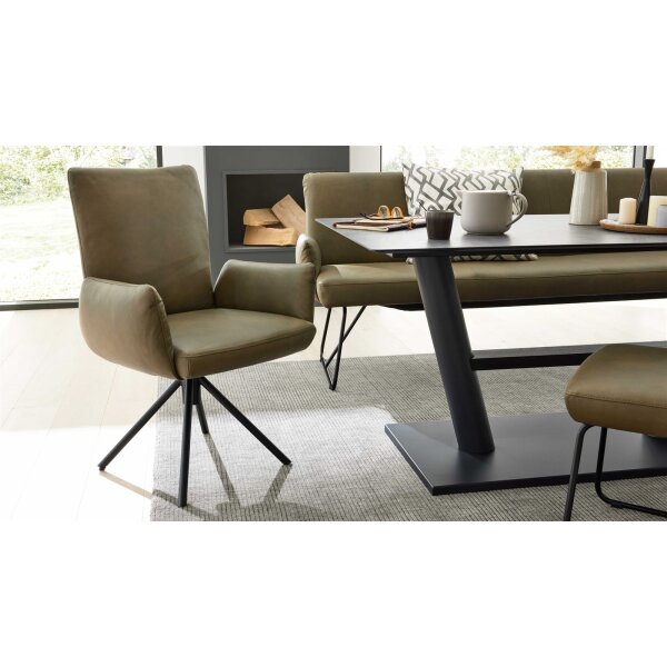 Interliving Esszimmer Serie 5504 - Armlehnstuhl grünes Leder EVI 33 & schwarzer Drehfuß S 349