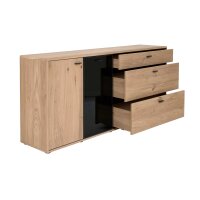 Interliving Wohnzimmer Serie 2024 - Sideboard Eiche & Schwarzglas - zwei Türen, drei Schubladen