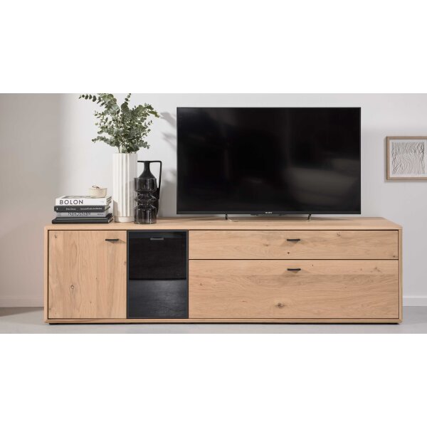 Interliving Wohnzimmer Serie 2024 - TV-Element Eiche & Schwarzglas -zwei Türen, zwei Schubladen, Breite ca. 205 cm