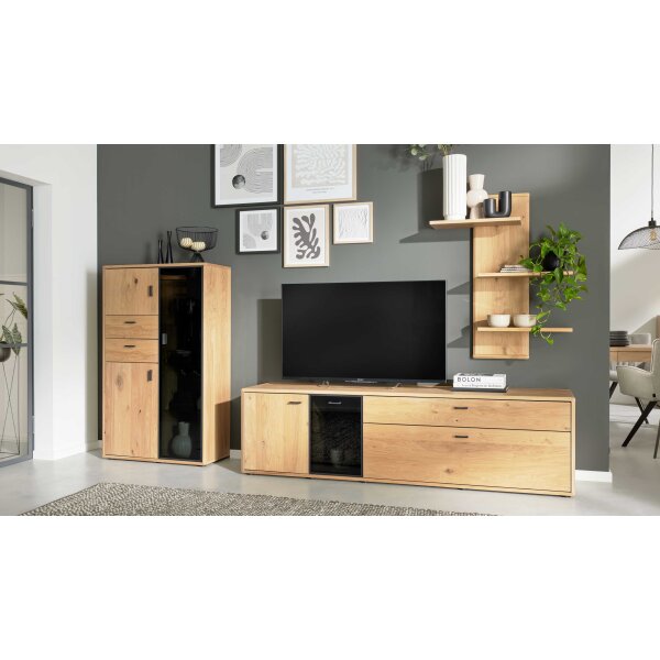 Interliving Wohnzimmer Serie 2024 - Wohnwand Eiche & Schwarzglas - dreiteilig, Breite ca. 319 cm