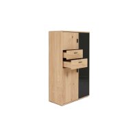 Interliving Wohnzimmer Serie 2024 - Highboard Eiche & Schwarzglas - drei Türen, zwei Schubladen