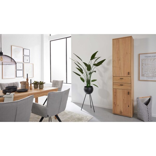 Interliving Wohnzimmer Serie 2024 - Schrank Eiche & Schwarzglas - zwei Türen, zwei Schubladen, Höhe ca. 208 cm