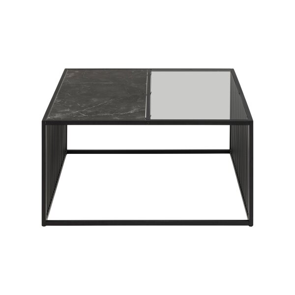 Couchtisch Strington rauchfarbenes Glas & schwarze Marmoroptik, schwarzes Metallgestell - ca. 80 x 80 cm