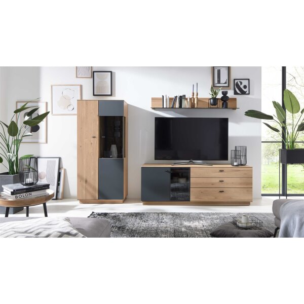 Interliving Wohnzimmer Serie 2025 - Wohnwand Wildeiche, Anthrazit & Kork - dreiteilig, Breite ca. 265 cm