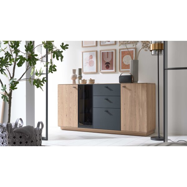 Interliving Wohnzimmer Serie 2025 - Sideboard Wildeiche, Anthrazit & Kork - vier Türen, zwei Schubladen, Breite ca. 175 cm
