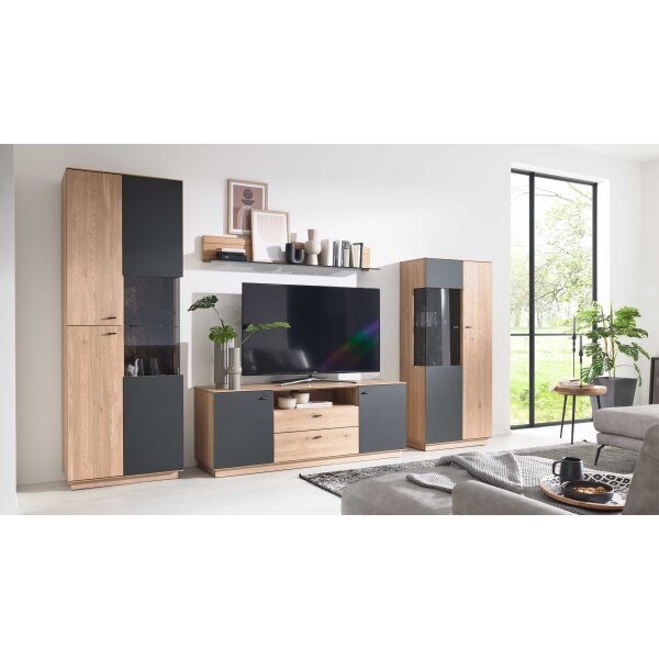 Interliving Wohnzimmer Serie 2025 - Wohnwand Wildeiche, Anthrazit & Kork - vierteilig, Breite ca. 325 cm