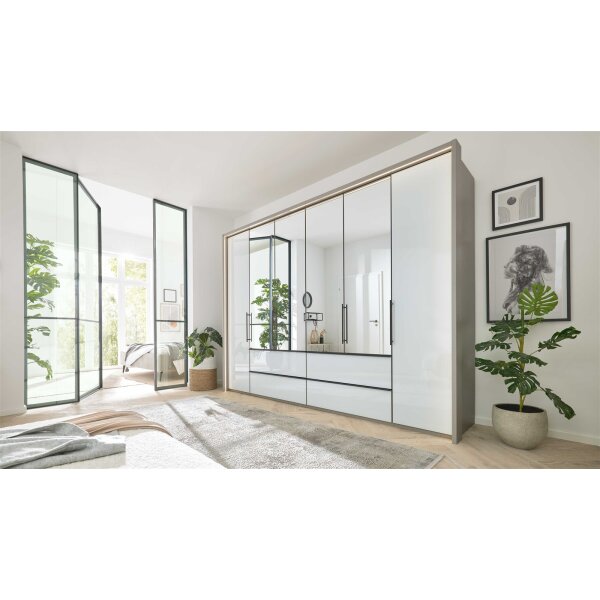 Interliving Kleiderschrank Serie 1205 – Falttürenschrank Weiß & Kieselgrau – sechs Türen, vier Schubladen, Breite ca. 300 cm