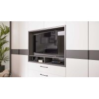 Interliving Kleiderschrank Serie 1207 – Kleiderschrank mit TV-Nische Weiß & Manhattan – sechs Türen, zwei Schubladen, Breite ca. 302 cm