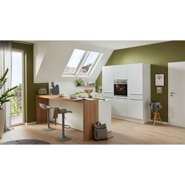 WERT KÜCHE® Nora mit gorenje Einbaugeräten Kristallweiß & Aurora Eiche – Stellfläche ca. 299 x 275 cm