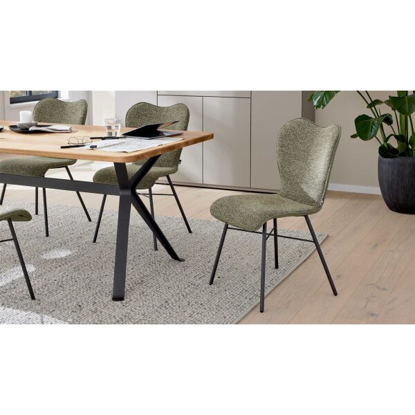 Interliving Esszimmer Serie 5115 - Vierfußstuhl mit Stoff und Leder jadefarbenes Leder LD7830 & moosfarbener Bezug Sneak 59, umbraugraues Metall