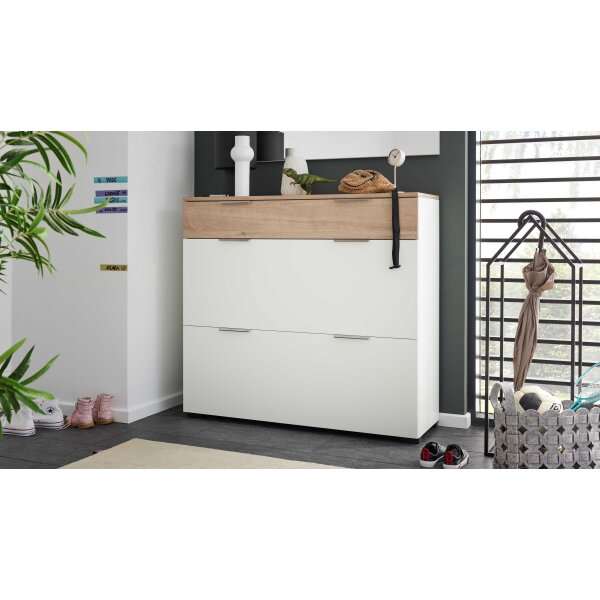 Interliving Garderobe Serie 6012 - Schuhschrank weißer Mattlack & Steineiche - eine Schublade, zwei Klappen, Breite ca. 120 cm