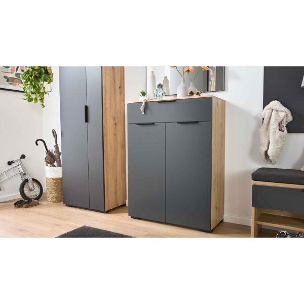 Interliving Garderobe Serie 6012 - Kombikommode anthrazitfarbener Mattlack & Asteiche - eine Schublade, zwei Türen, Breite ca. 80 cm