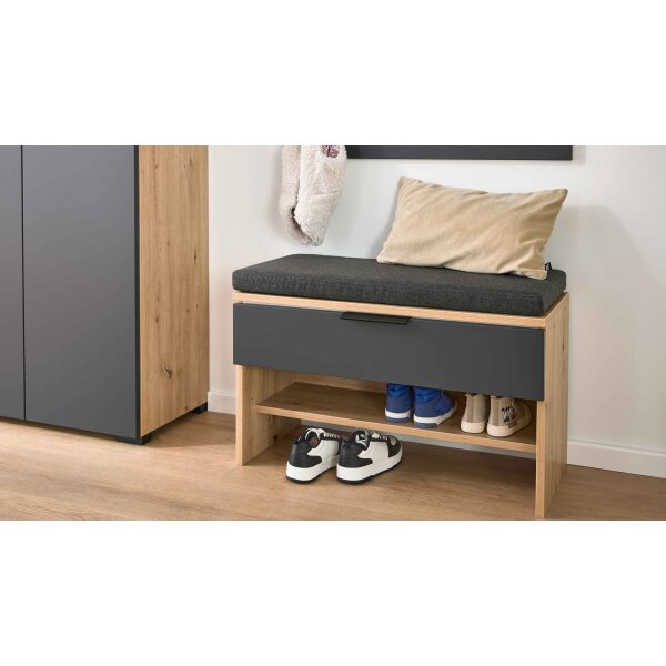 Interliving Garderobe Serie 6012 - Garderobenbank anthrazitfarbener Mattlack & Asteiche - eine Schublade, Breite ca. 80 cm