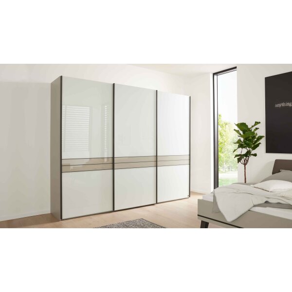 Interliving Schlafzimmer Serie 1032 – Schwebetürenschrank Kieselgrau & Weiß - drei Türen, Breite ca. 300 cm