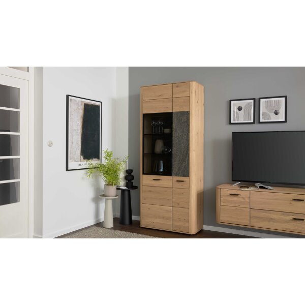 Interliving Wohnzimmer Serie 2029 - Kombivitrine Wildeiche & Granit-Steinoptik - zwei Türen, Breite ca. 85 cm
