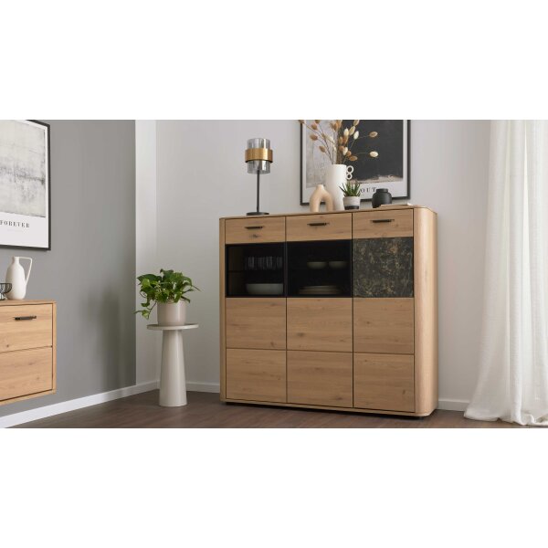 Interliving Wohnzimmer Serie 2029 - Highboard Wildeiche & Granit-Steinoptik - drei Türen, eine Schublade, Breite ca. 132 cm