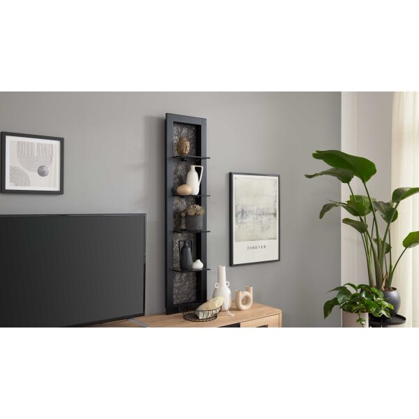 Interliving Wohnzimmer Serie 2029 - Wandregal Mattschwarz & Granit-Steinoptik - ca. 33 x 135 cm
