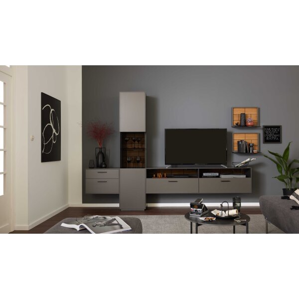 Interliving Wohnzimmer Serie 2030 - Wohnwand Wolfram Grey & Spaltholz - fünfteilig, Länge ca. 309 cm