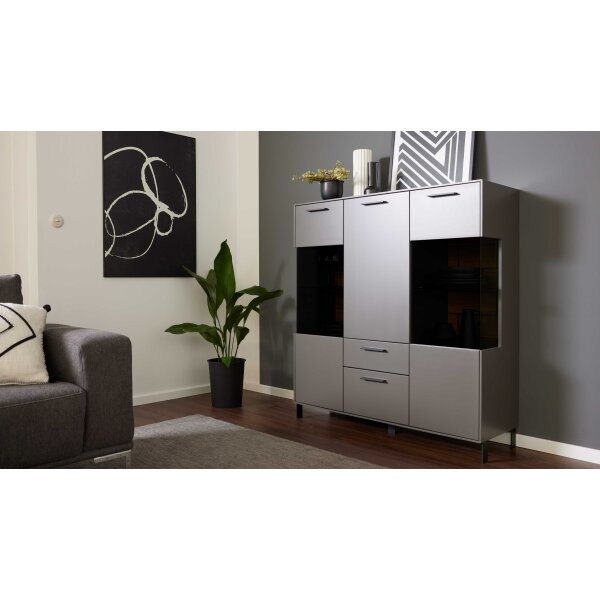 Interliving Wohnzimmer Serie 2030 - Highboard Wolfram Grey & Spaltholz - drei Türen, zwei Schubladen, Breite ca. 120 cm