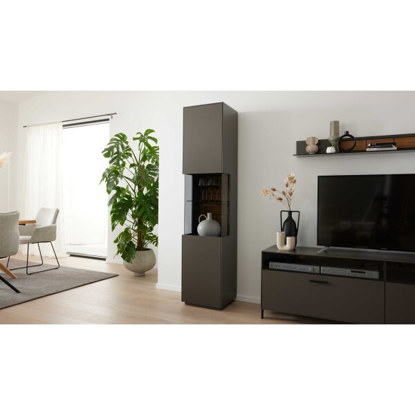 Interliving Wohnzimmer Serie 2030 - Vitrine Wolfram Grey & Spaltholz - eine Tür, Breite ca. 45 cm