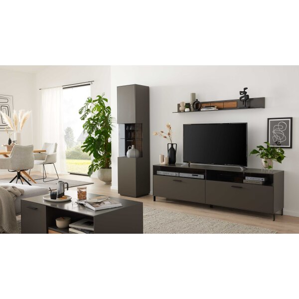 Interliving Wohnzimmer Serie 2030 - Wohnwand Wolfram Grey & Spaltholz - dreiteilig, Länge ca. 275 cm