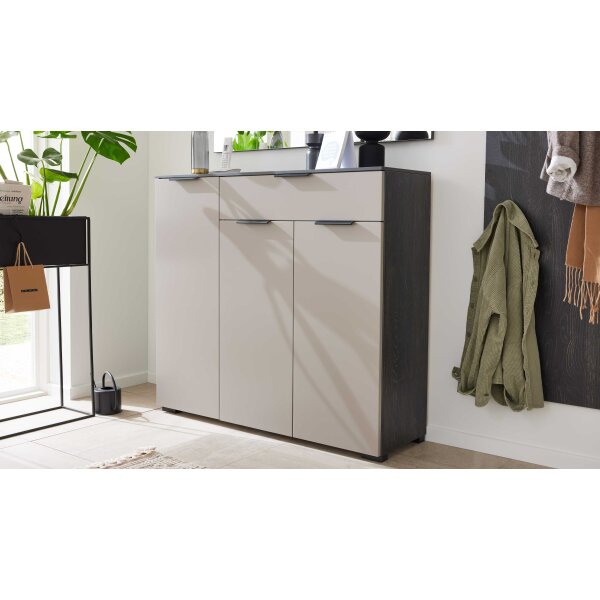 Interliving Garderobe Serie 6012 - Kombikommode graubeiger Mattlack & Räuchereiche - drei Türen, eine Schublade, Breite ca. 120 cm