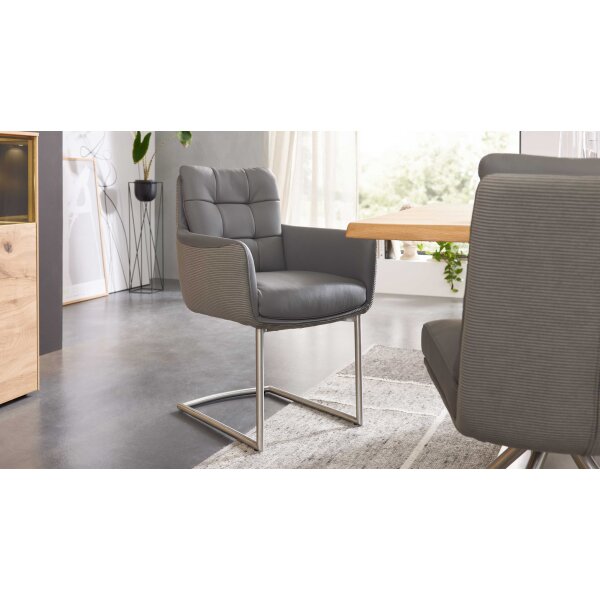Interliving Esszimmer Serie 5116 – Armlehn-Schwingstuhl grauer Materialmix Leder & Cord Fo-Sh, Edelstahlgestell F3