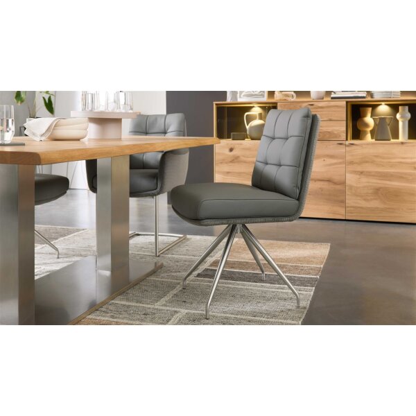 Interliving Esszimmer Serie 5116 – Polsterstuhl mit Drehfunktion grauer Materialmix Leder & Cord Fo-Sh, Edelstahlgestell F38-R