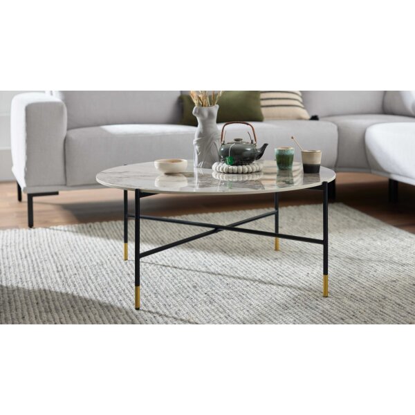 Interliving Couchtisch Serie 6221 marmorfarbene Keramik Calcatta & schwarzer Stahl - Durchmesser ca. 94 cm