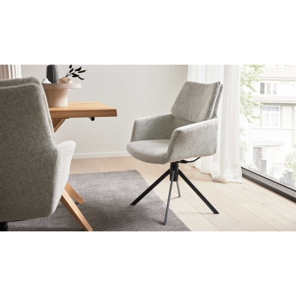Interliving Esszimmer Serie 5118 – Armlehnstuhl mit Move & Turn champagnerfarbener Bouclé Elegant wish E07 & mattschwarzes Eisen