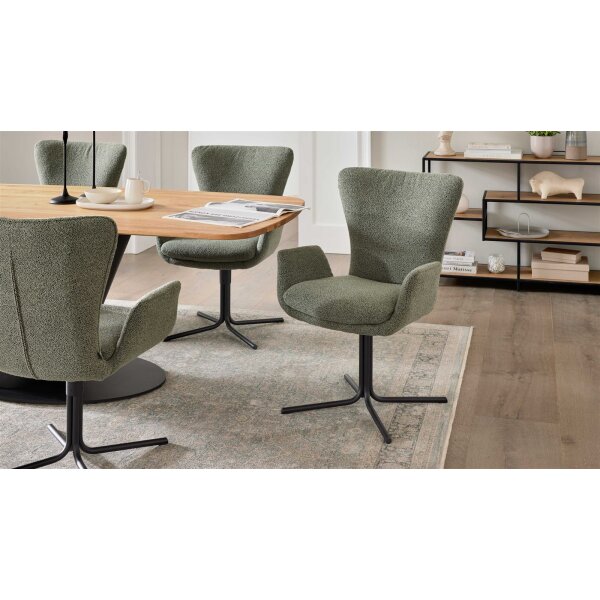 Interliving Esszimmer Serie 5121 – Armlehnstuhl mit Drehfunktion thymianfarbener Bouclé Alpine & schwarzes Metall