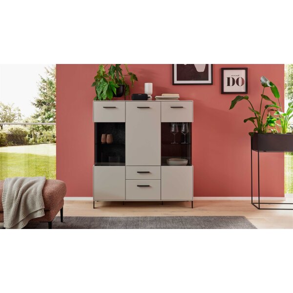 Interliving Wohnzimmer Serie 2030 PLUS - Highboard Sahara Creme & Granitfurnier - drei Türen, zwei Schubladen, Breite ca. 120 cm