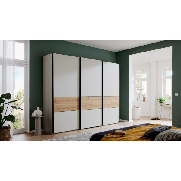 Interliving Kleiderschrank Serie 1205 – Schwebetürenschrank Champagner & Bianco Eiche – drei Türen, Breite ca. 300 cm